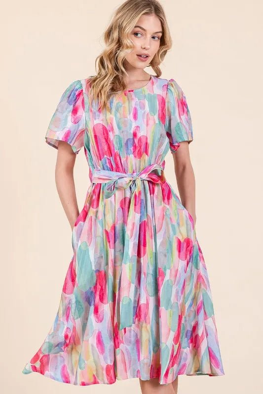 Lime 'N' Chili Watercolor Print Tie Front Midi Dress - MAD RUFFI