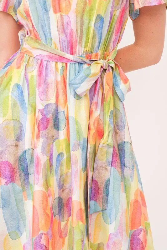 Lime 'N' Chili Watercolor Print Tie Front Midi Dress - MAD RUFFI