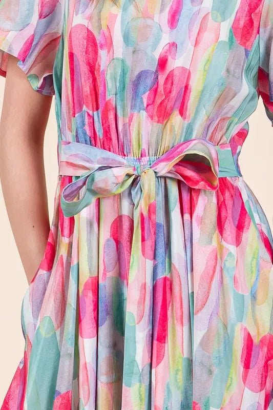 Lime 'N' Chili Watercolor Print Tie Front Midi Dress - MAD RUFFI
