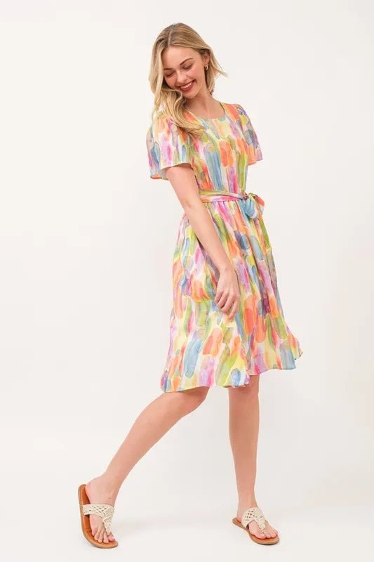 Lime 'N' Chili Watercolor Print Tie Front Midi Dress - MAD RUFFI
