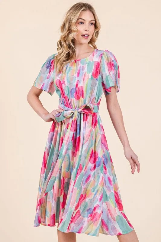 Lime 'N' Chili Watercolor Print Tie Front Midi Dress - MAD RUFFI