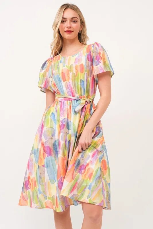 Lime 'N' Chili Watercolor Print Tie Front Midi Dress - MAD RUFFI