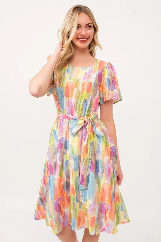 Lime 'N' Chili Watercolor Print Tie Front Midi Dress - MAD RUFFI