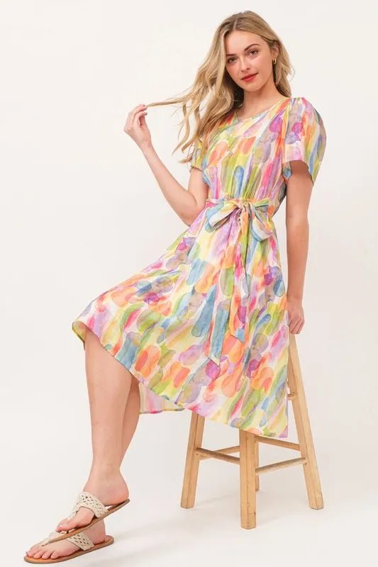 Lime 'N' Chili Watercolor Print Tie Front Midi Dress - MAD RUFFI