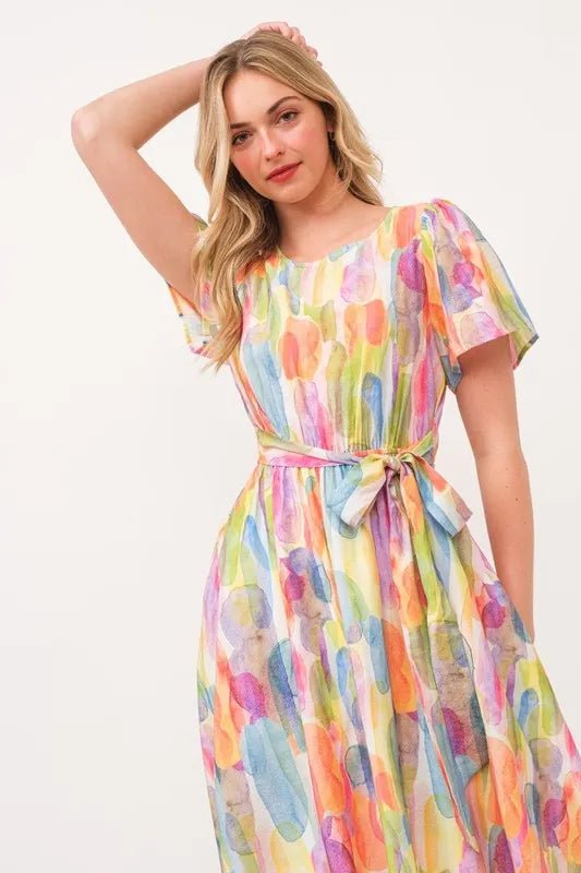 Lime 'N' Chili Watercolor Print Tie Front Midi Dress - MAD RUFFI