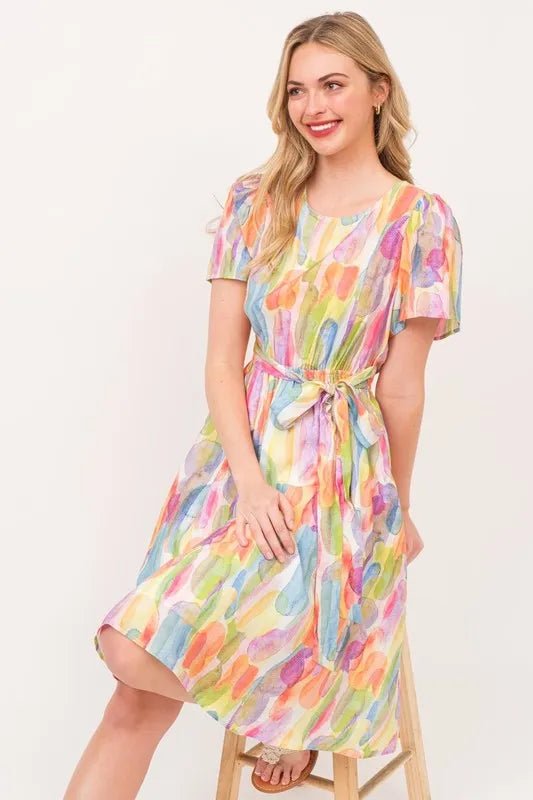 Lime 'N' Chili Watercolor Print Tie Front Midi Dress - MAD RUFFI
