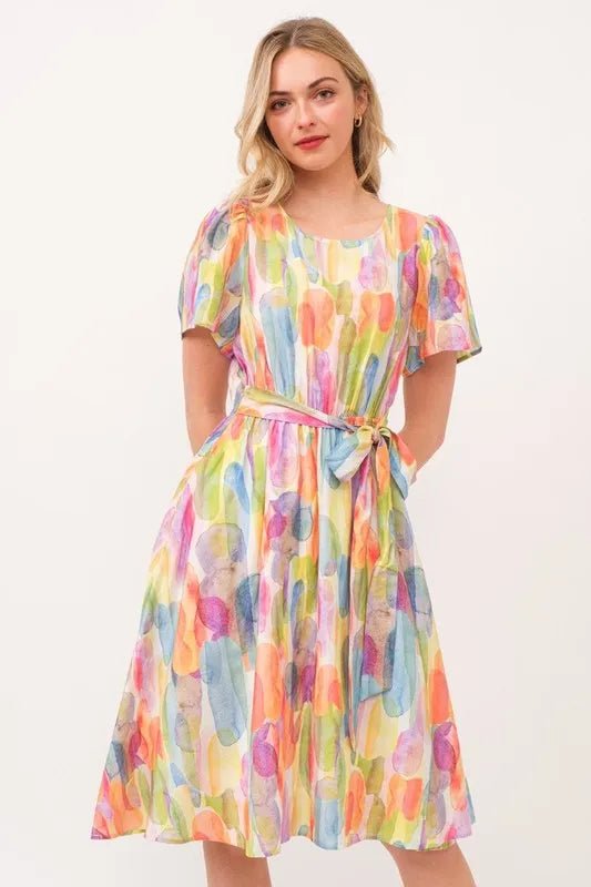 Lime 'N' Chili Watercolor Print Tie Front Midi Dress - MAD RUFFI