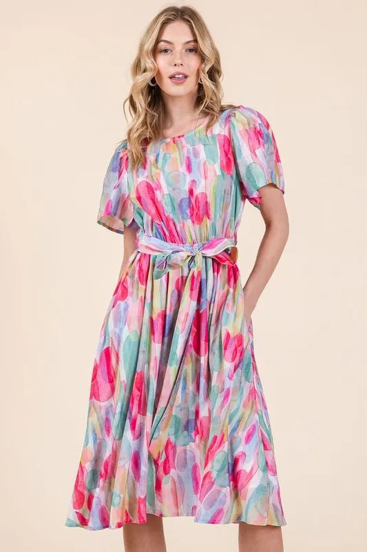 Lime 'N' Chili Watercolor Print Tie Front Midi Dress - MAD RUFFI