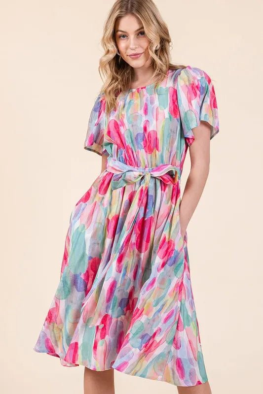 Lime 'N' Chili Watercolor Print Tie Front Midi Dress - MAD RUFFI