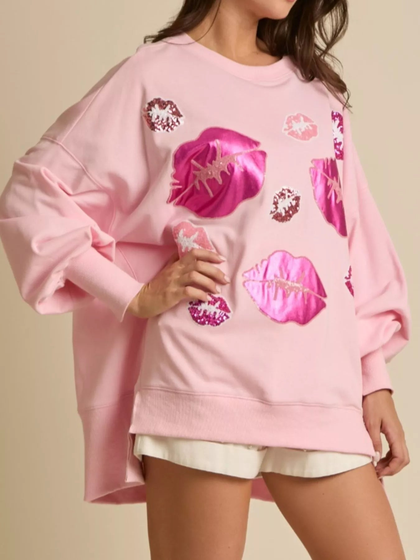 Lips Round Neck Dropped Shoulder Sweatshirt - MAD RUFFI