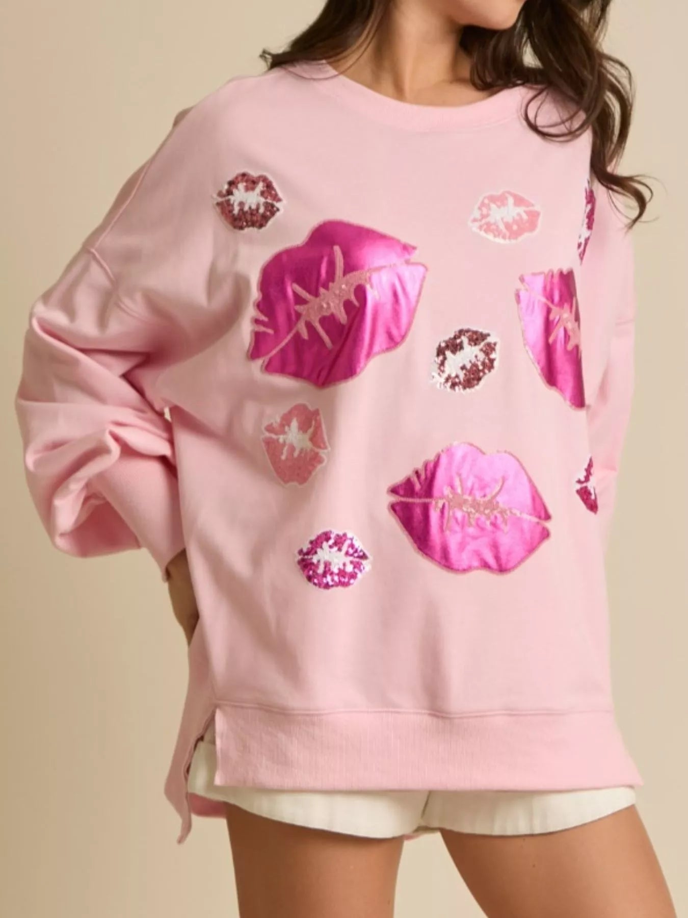 Lips Round Neck Dropped Shoulder Sweatshirt - MAD RUFFI