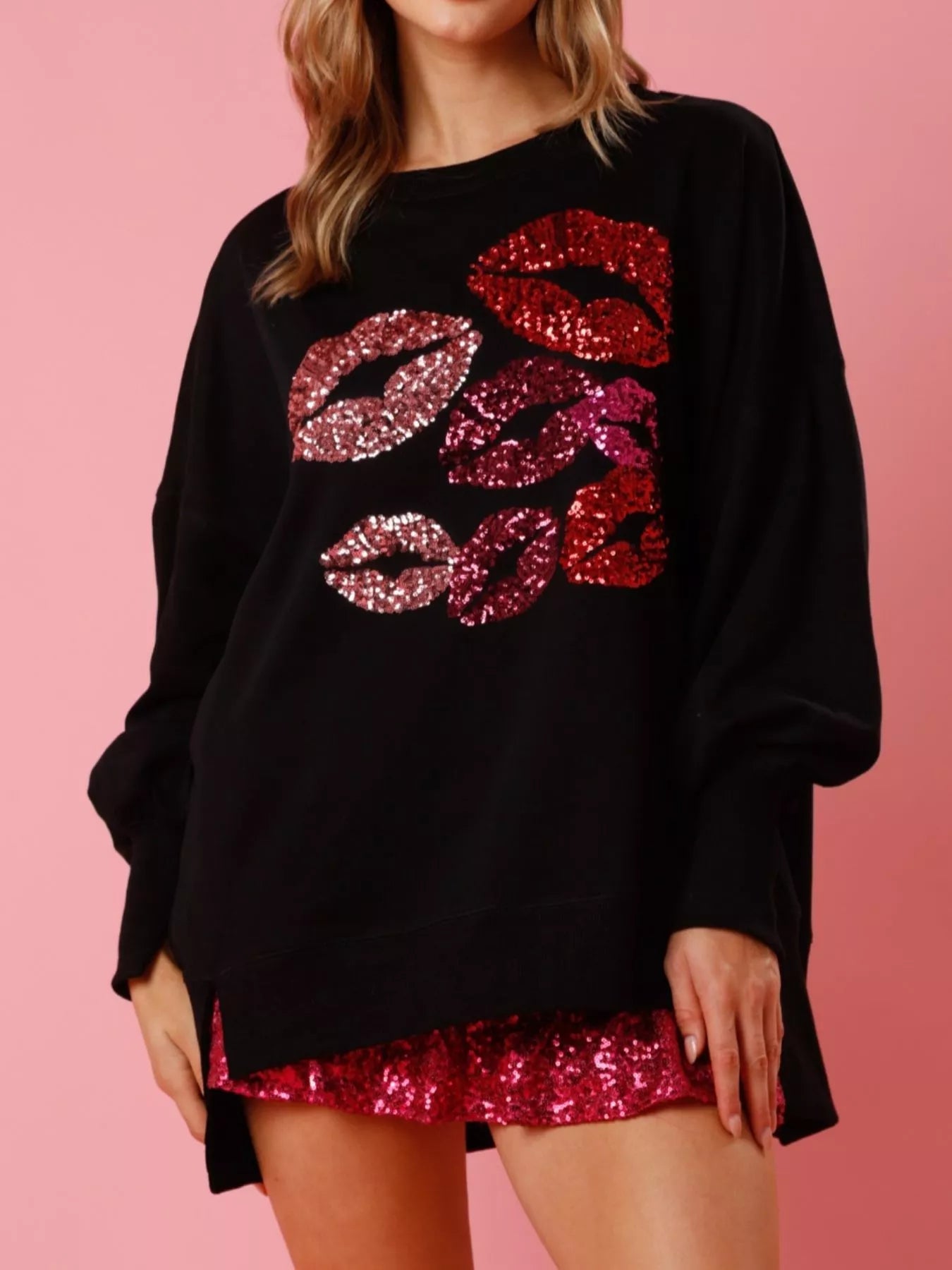 Lips Round Neck Dropped Shoulder Sweatshirt - MAD RUFFI