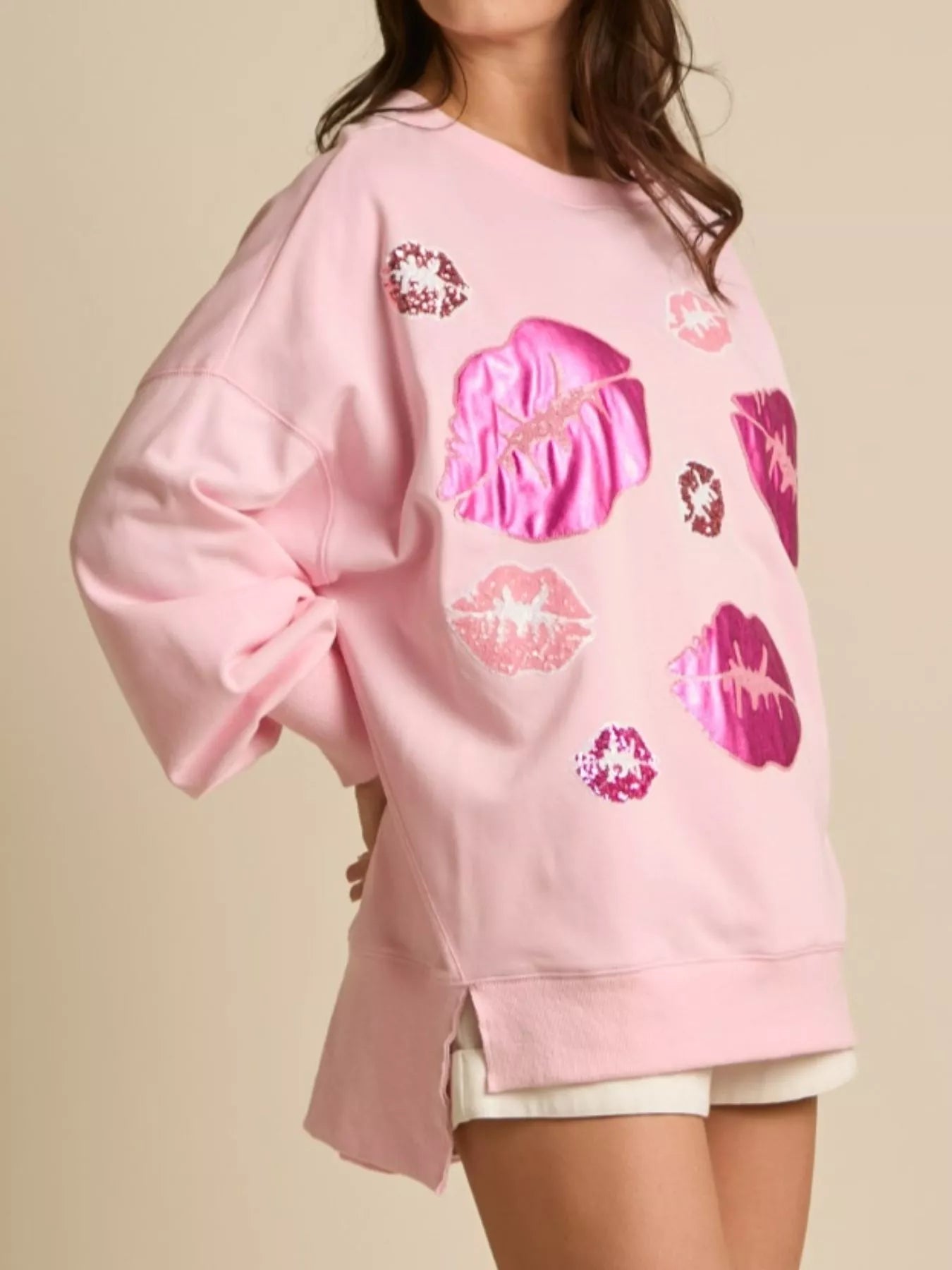 Lips Round Neck Dropped Shoulder Sweatshirt - MAD RUFFI