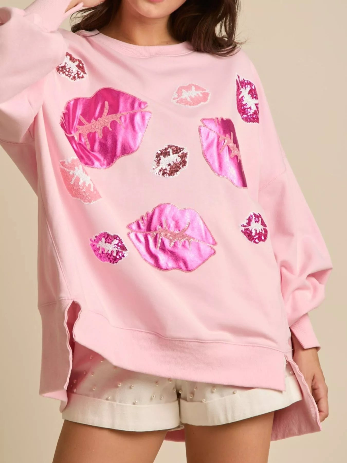 Lips Round Neck Dropped Shoulder Sweatshirt - MAD RUFFI