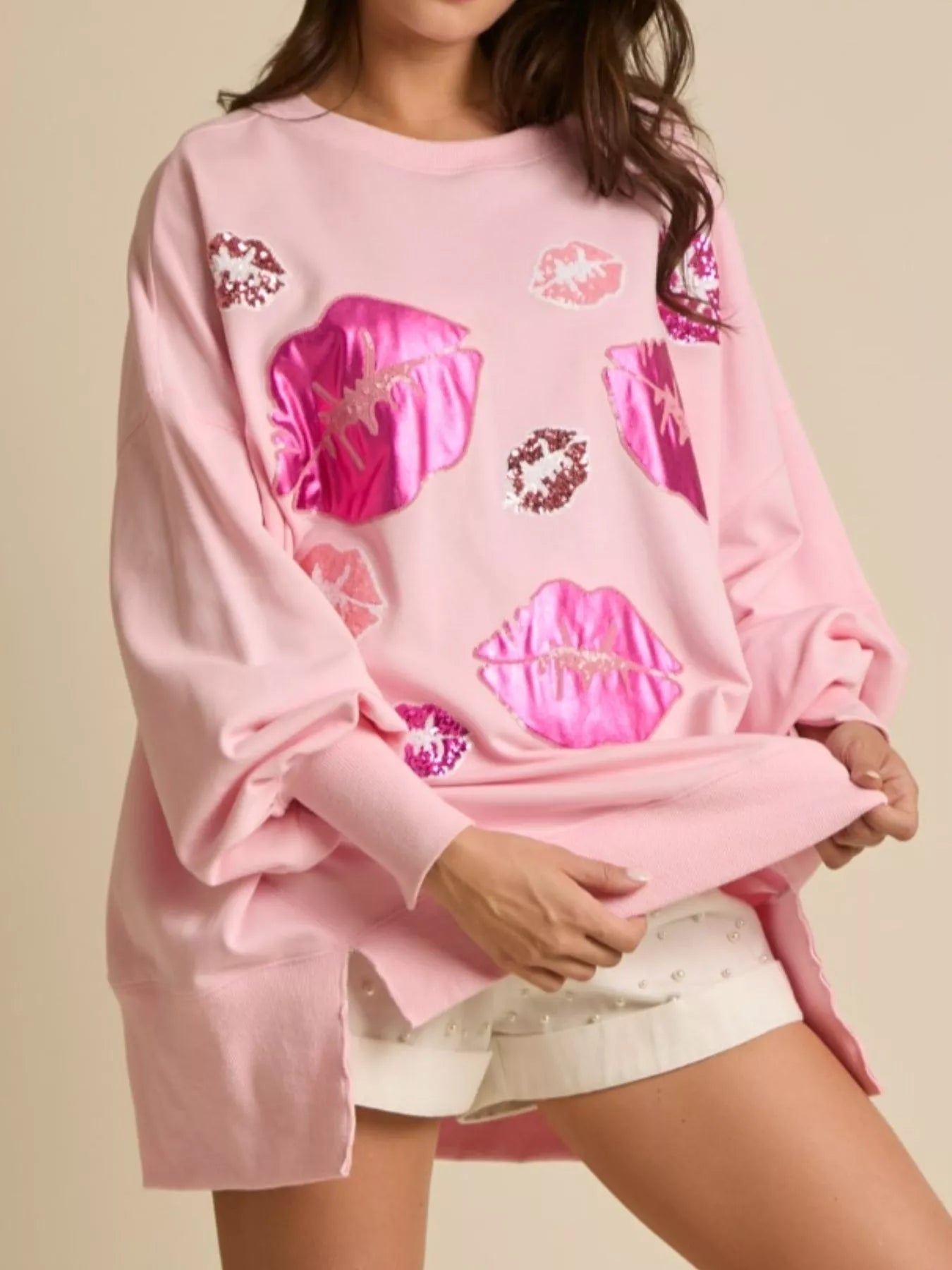 Lips Round Neck Dropped Shoulder Sweatshirt - MAD RUFFI