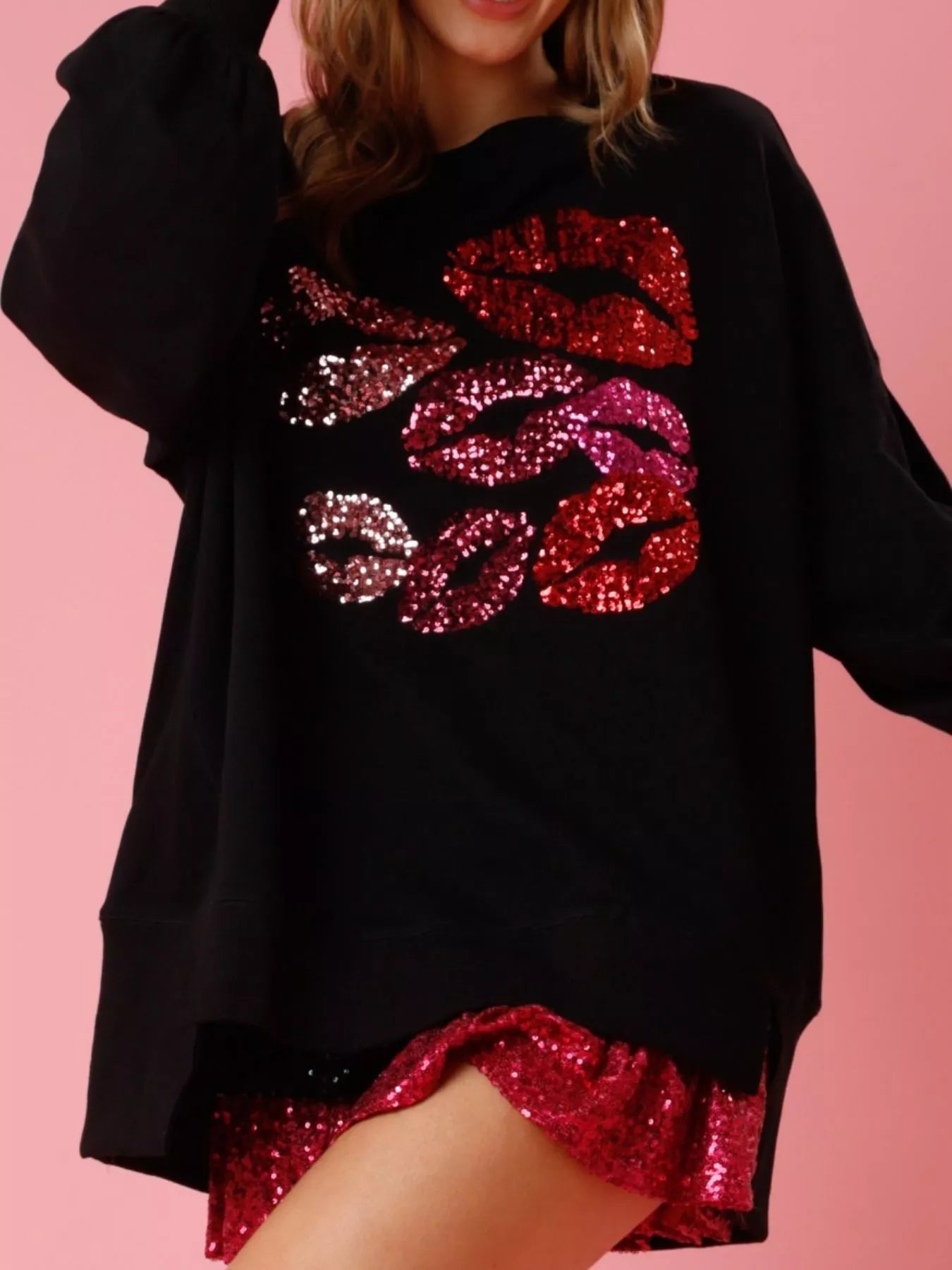 Lips Round Neck Dropped Shoulder Sweatshirt - MAD RUFFI