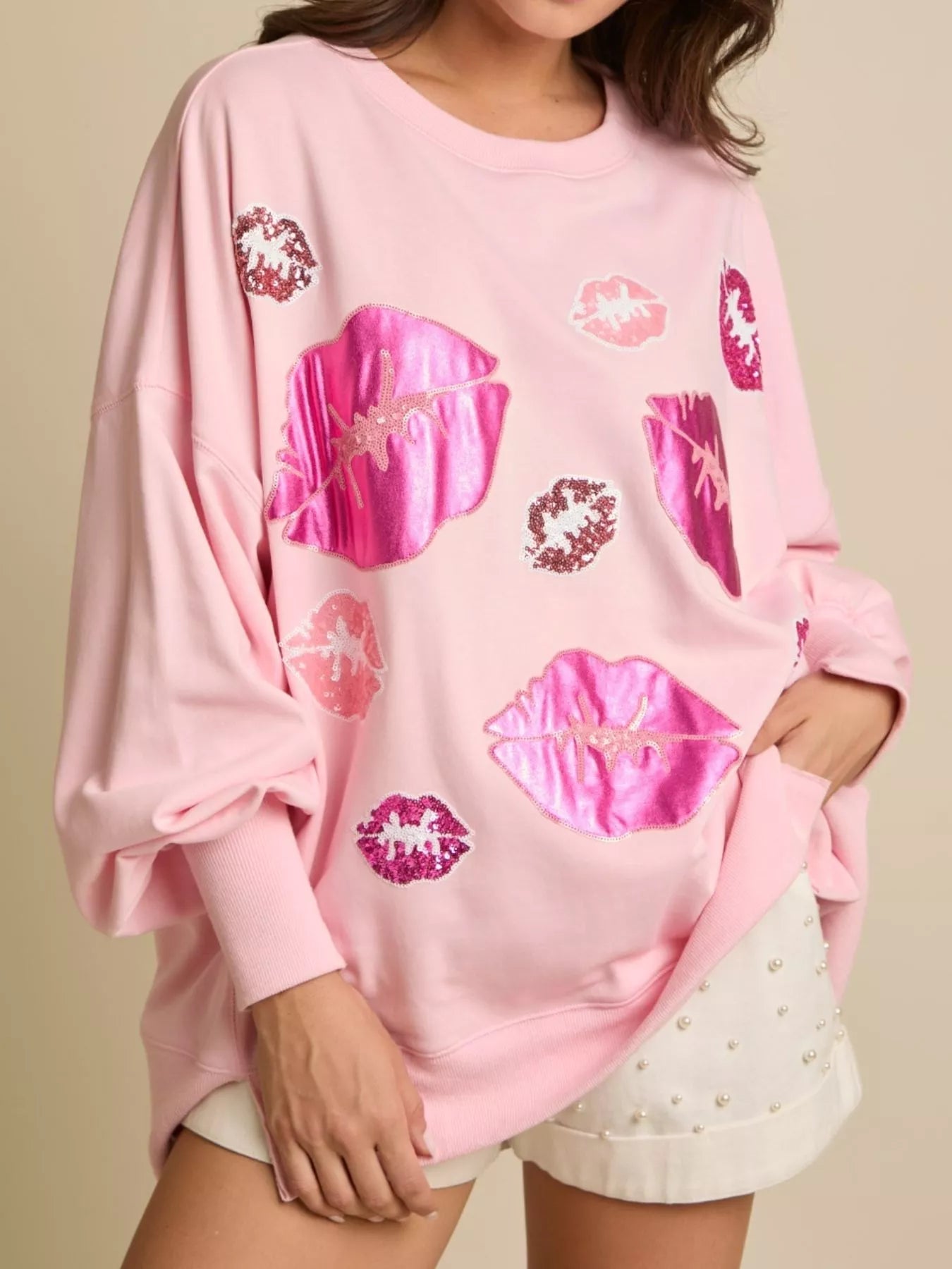 Lips Round Neck Dropped Shoulder Sweatshirt - MAD RUFFI