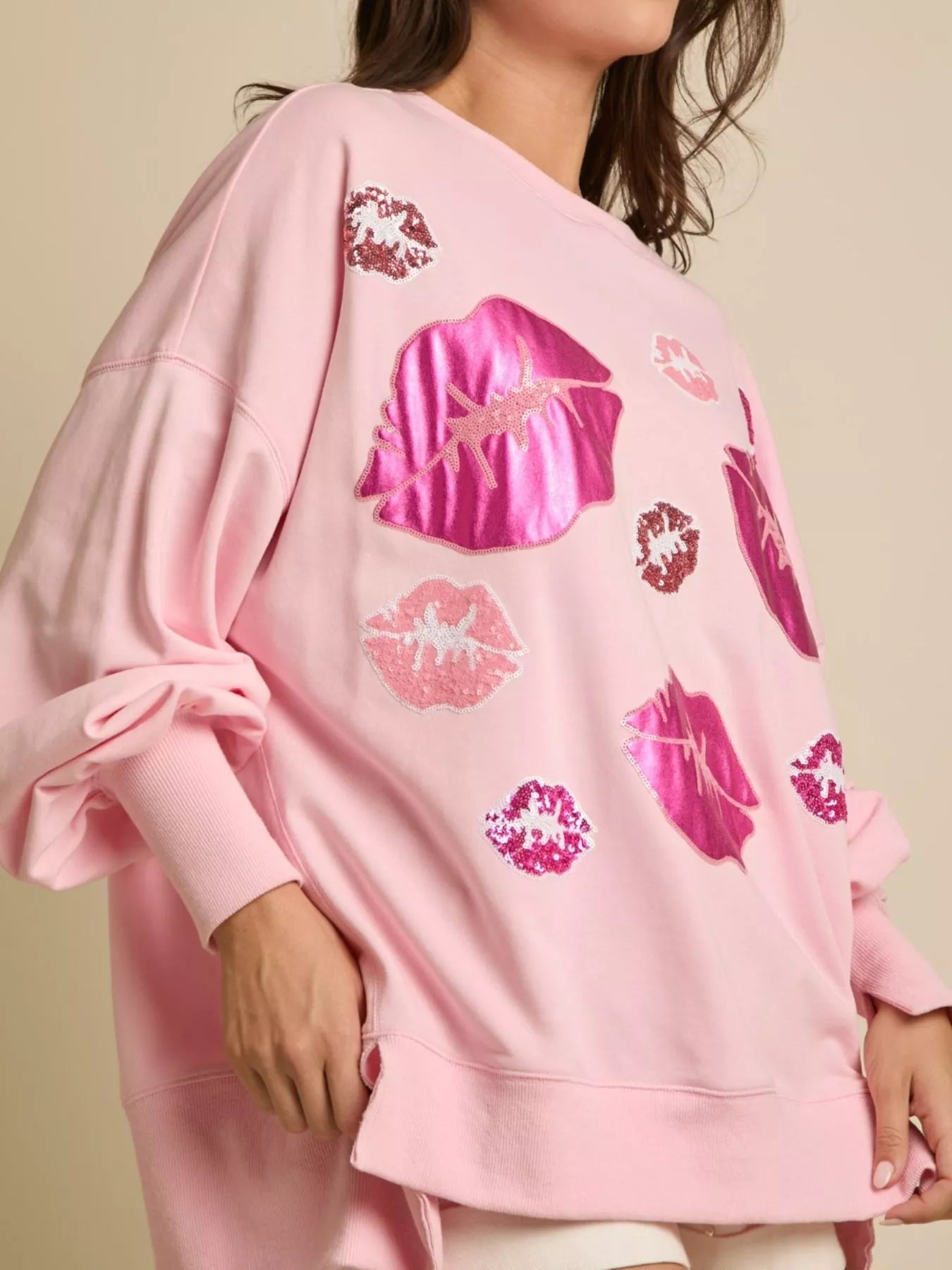 Lips Round Neck Dropped Shoulder Sweatshirt - MAD RUFFI