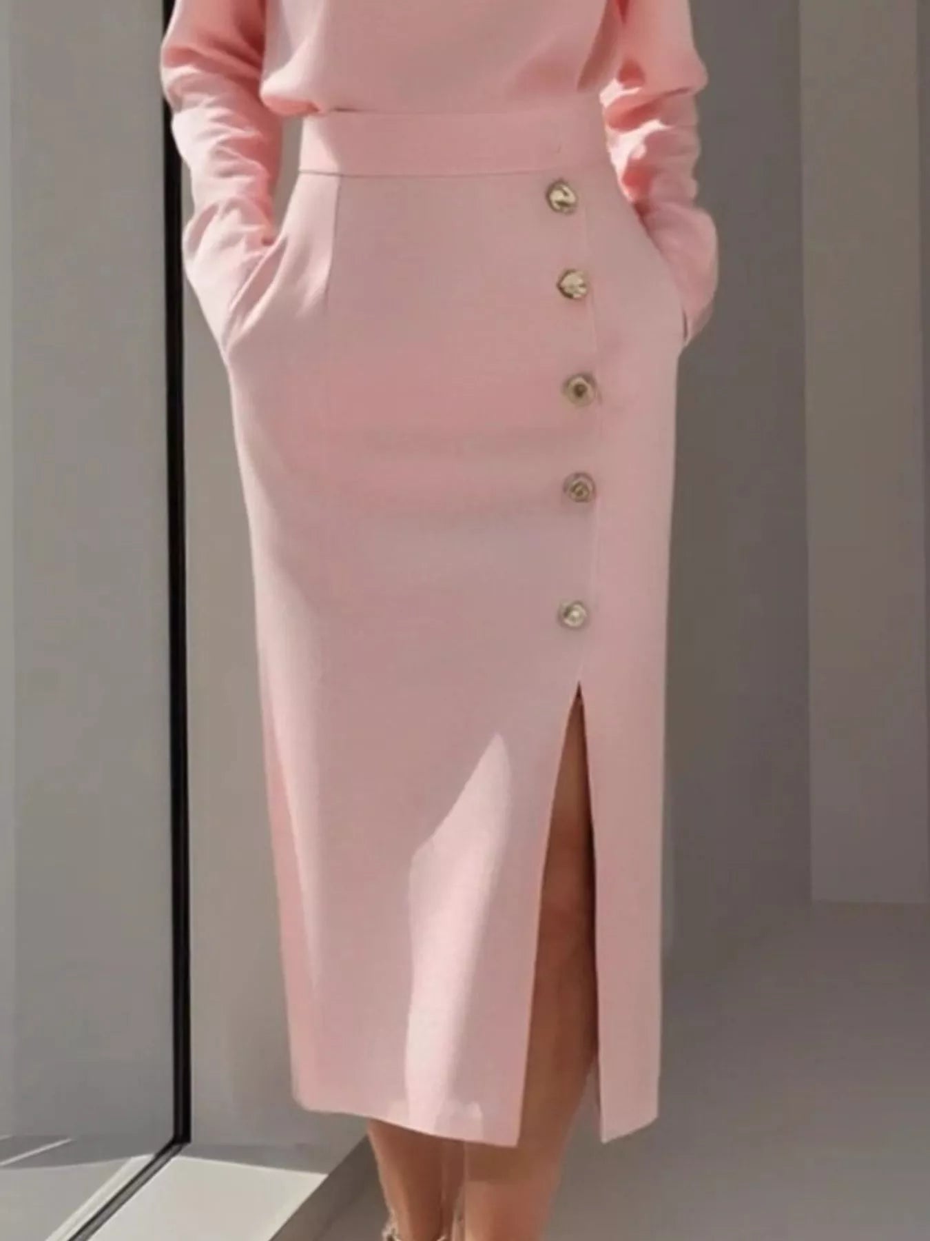 Long Sleeve Button Detail Midi Dress with Side Slit - MAD RUFFI