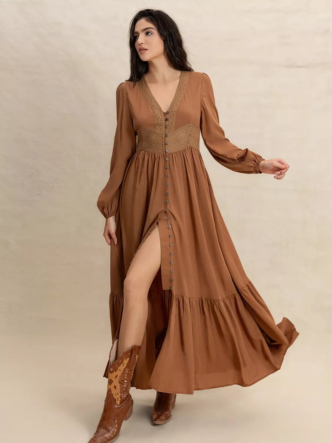 Long Sleeve Button - Front Maxi Dress - MAD RUFFI