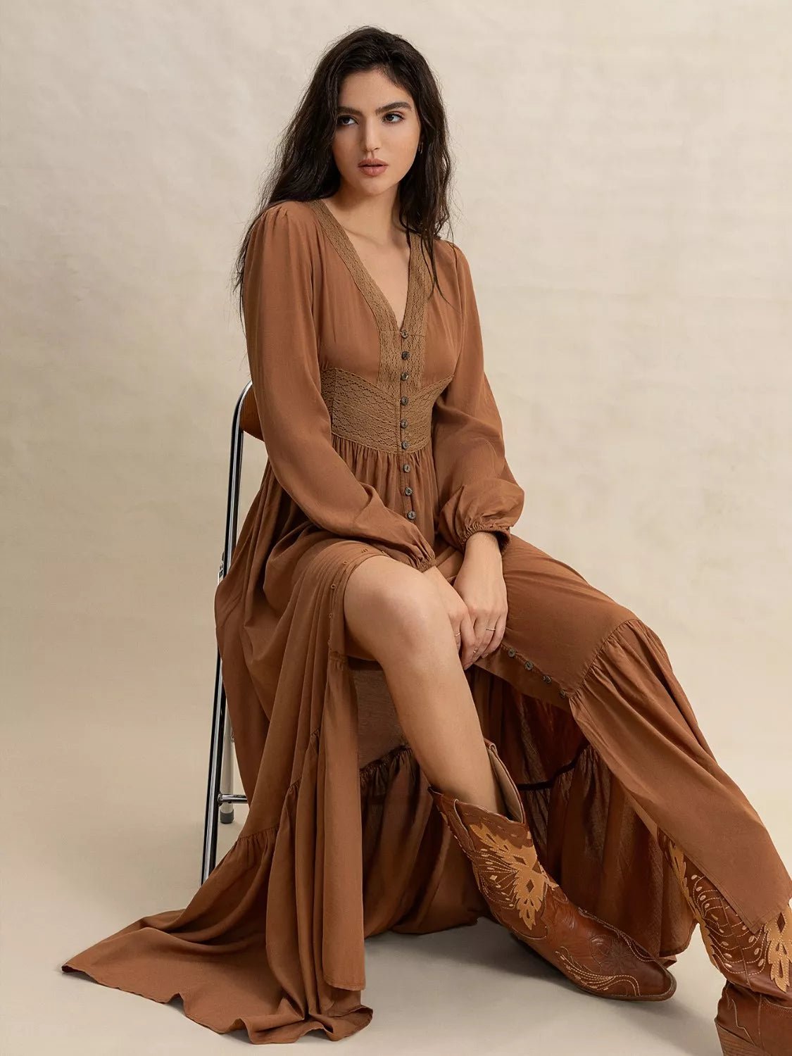 Long Sleeve Button - Front Maxi Dress - MAD RUFFI