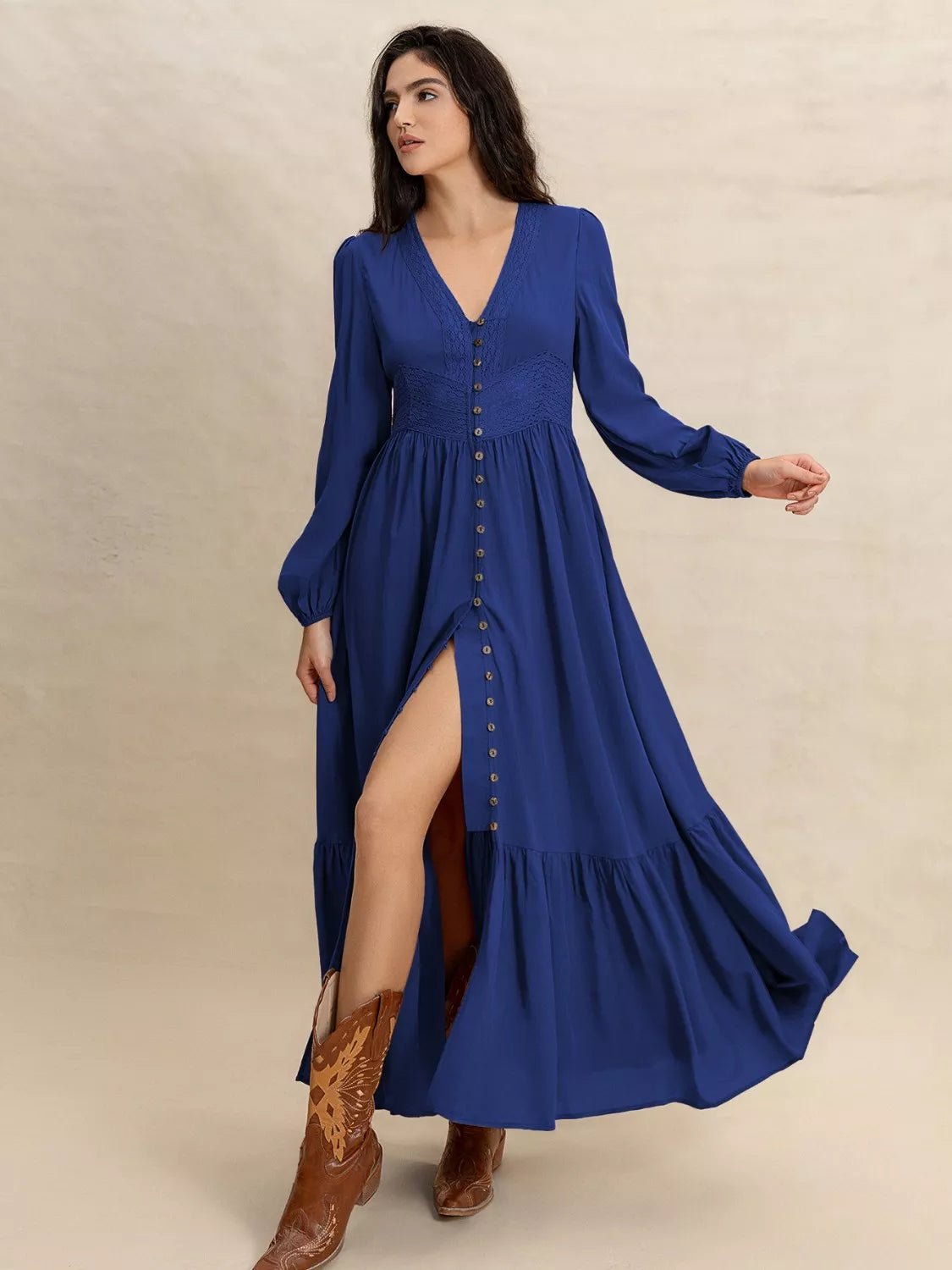Long Sleeve Button - Front Maxi Dress - MAD RUFFI