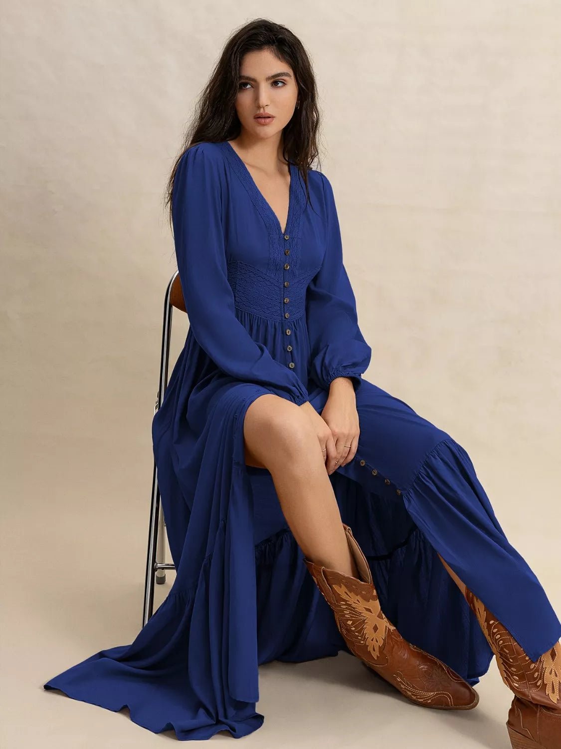 Long Sleeve Button - Front Maxi Dress - MAD RUFFI
