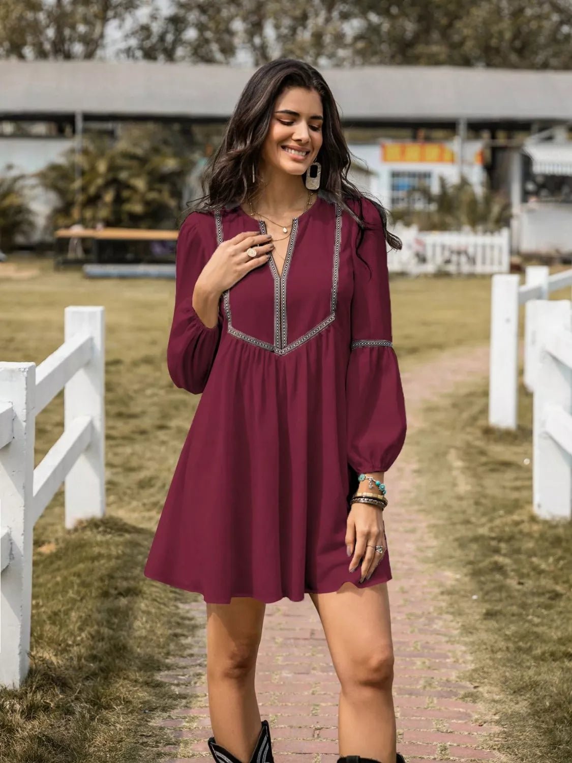 Long Sleeve Mini Dress with Contrast Trim - MAD RUFFI