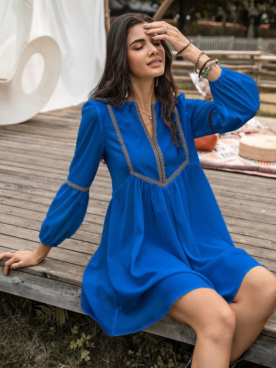 Long Sleeve Mini Dress with Contrast Trim - MAD RUFFI