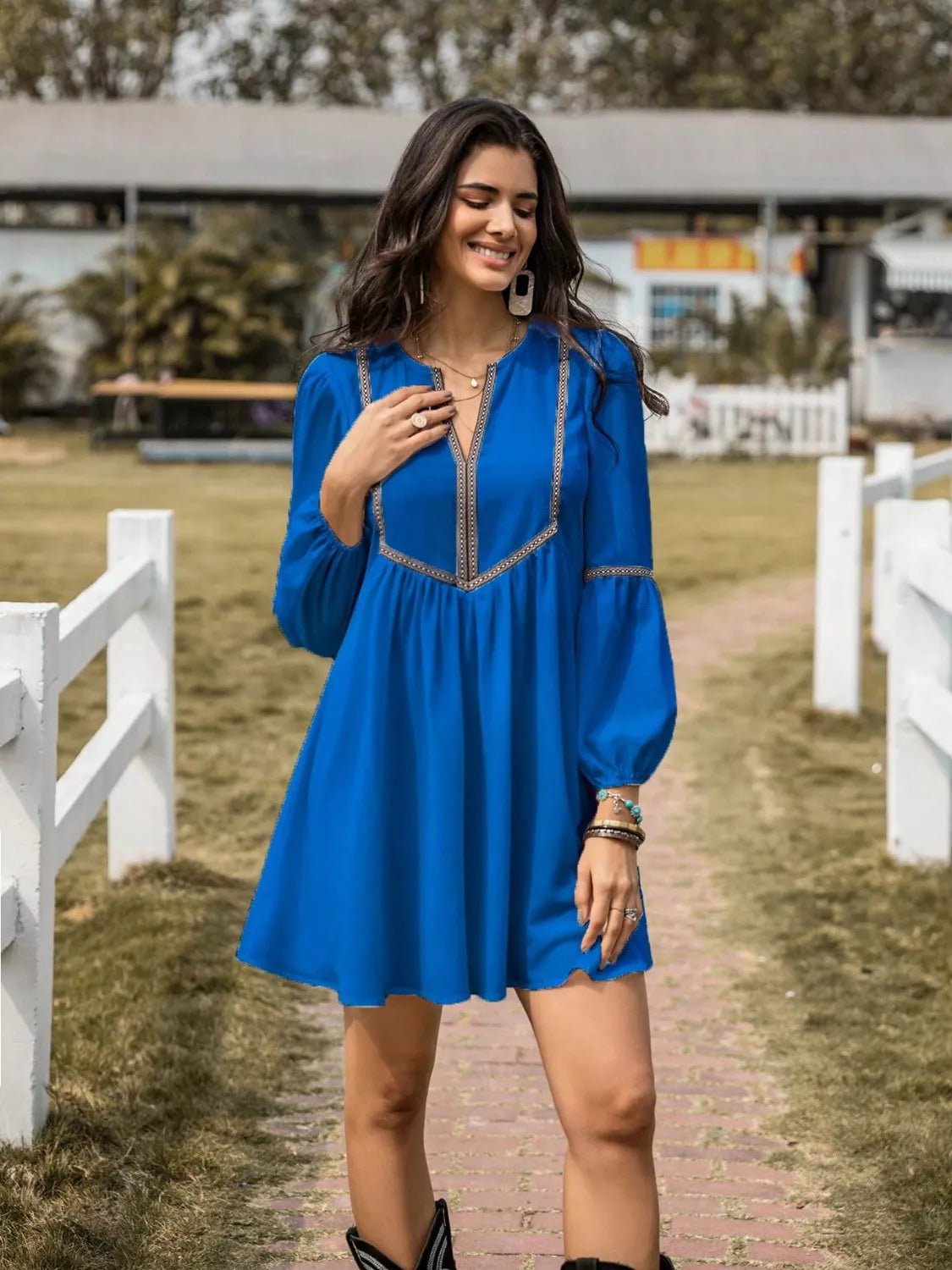 Long Sleeve Mini Dress with Contrast Trim - MAD RUFFI