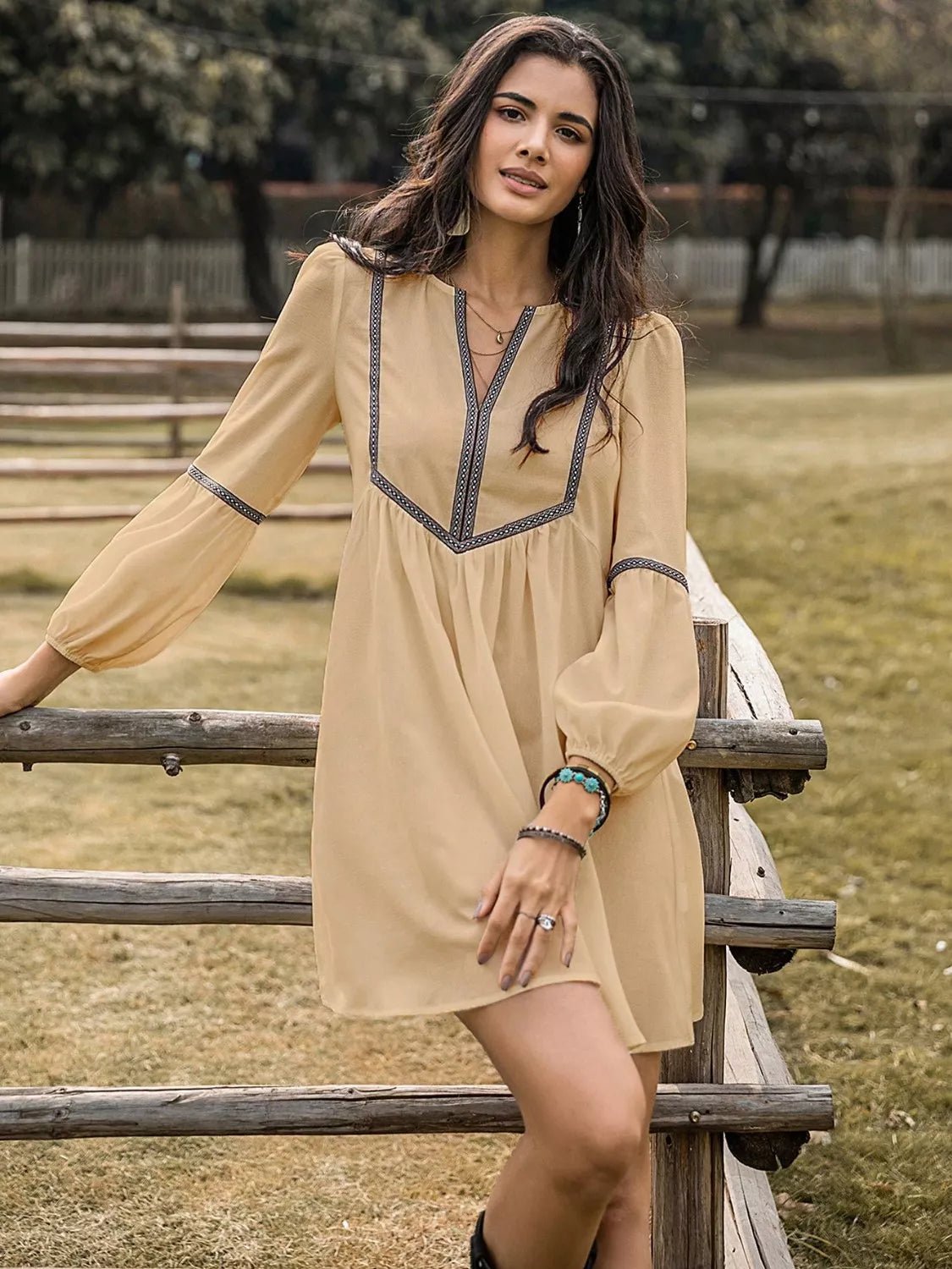 Long Sleeve Mini Dress with Contrast Trim - MAD RUFFI