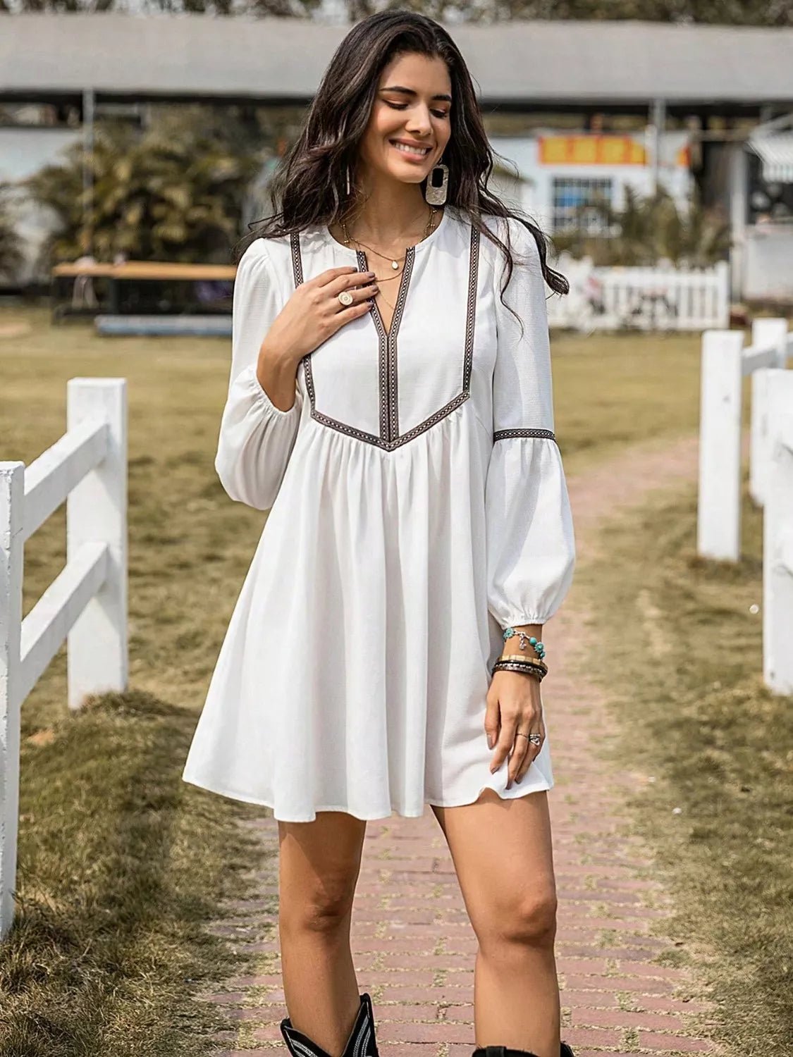 Long Sleeve Mini Dress with Contrast Trim - MAD RUFFI