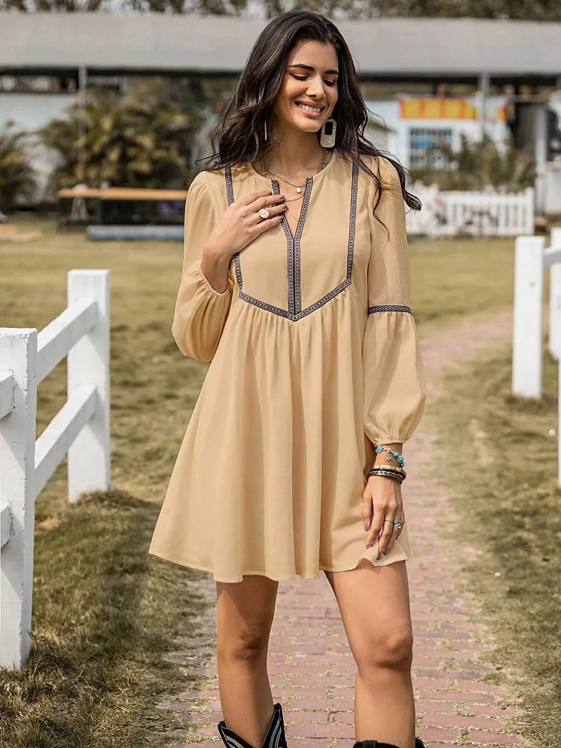 Long Sleeve Mini Dress with Contrast Trim - MAD RUFFI