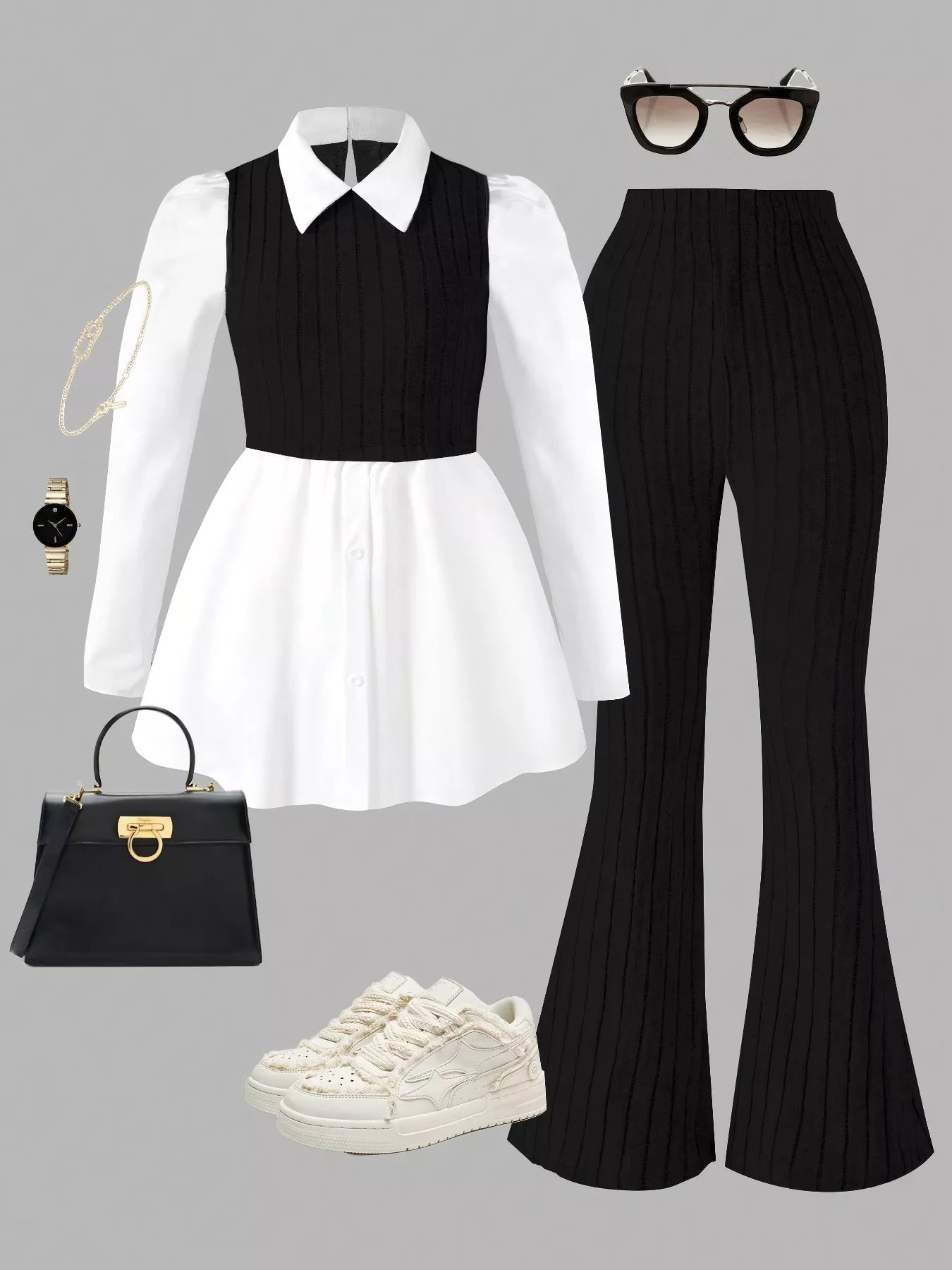 Long Sleeve Peplum Top and Pants Set - MAD RUFFI