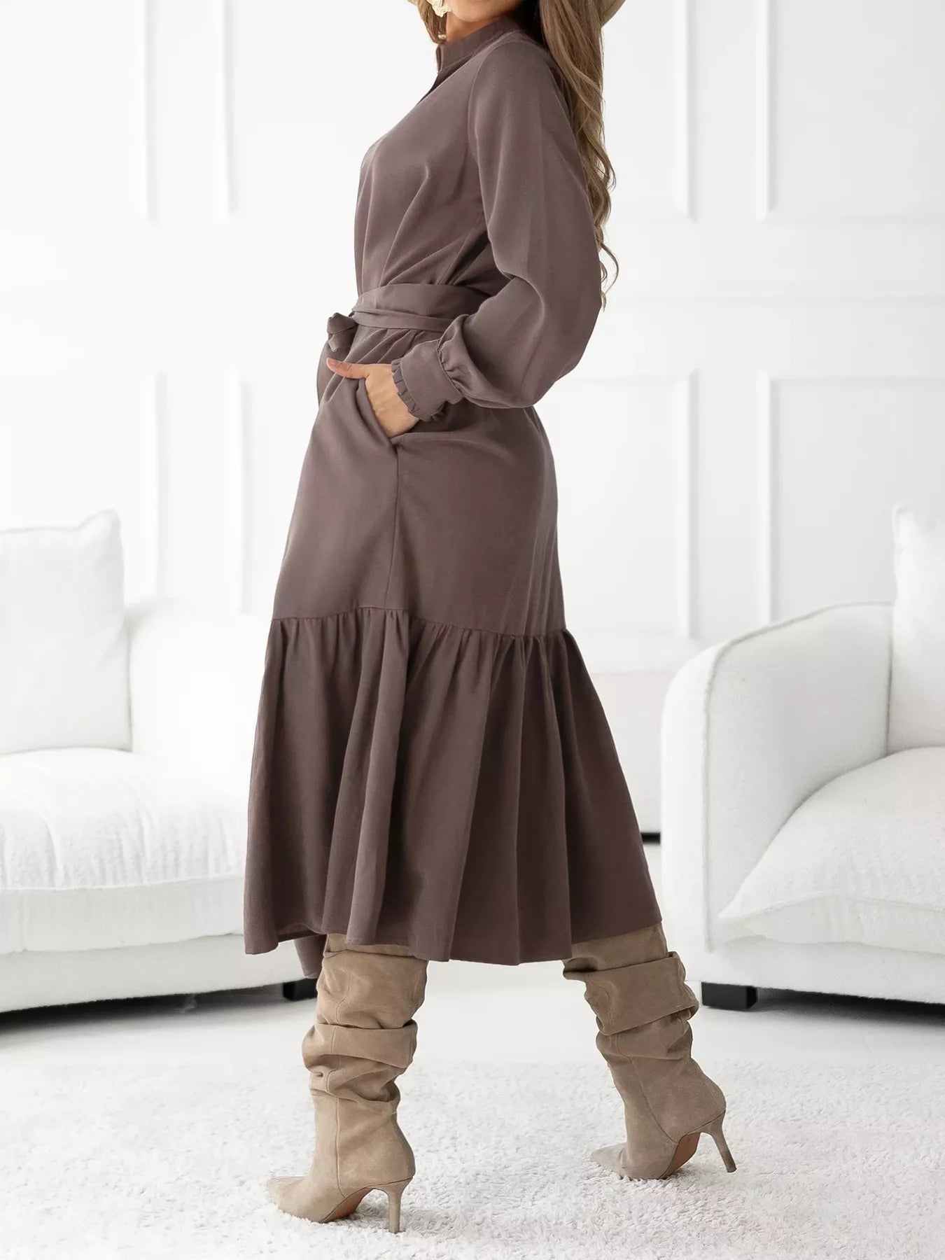 Long Sleeve Tie Waist Ruffle Hem Midi Dress - MAD RUFFI