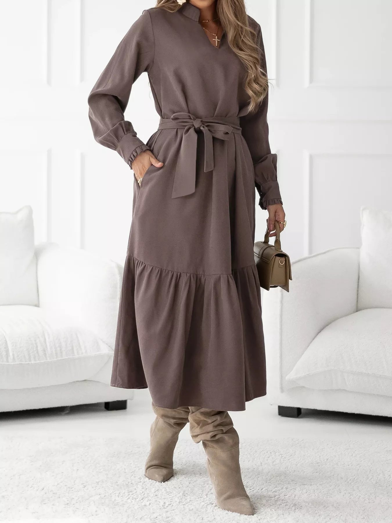 Long Sleeve Tie Waist Ruffle Hem Midi Dress - MAD RUFFI