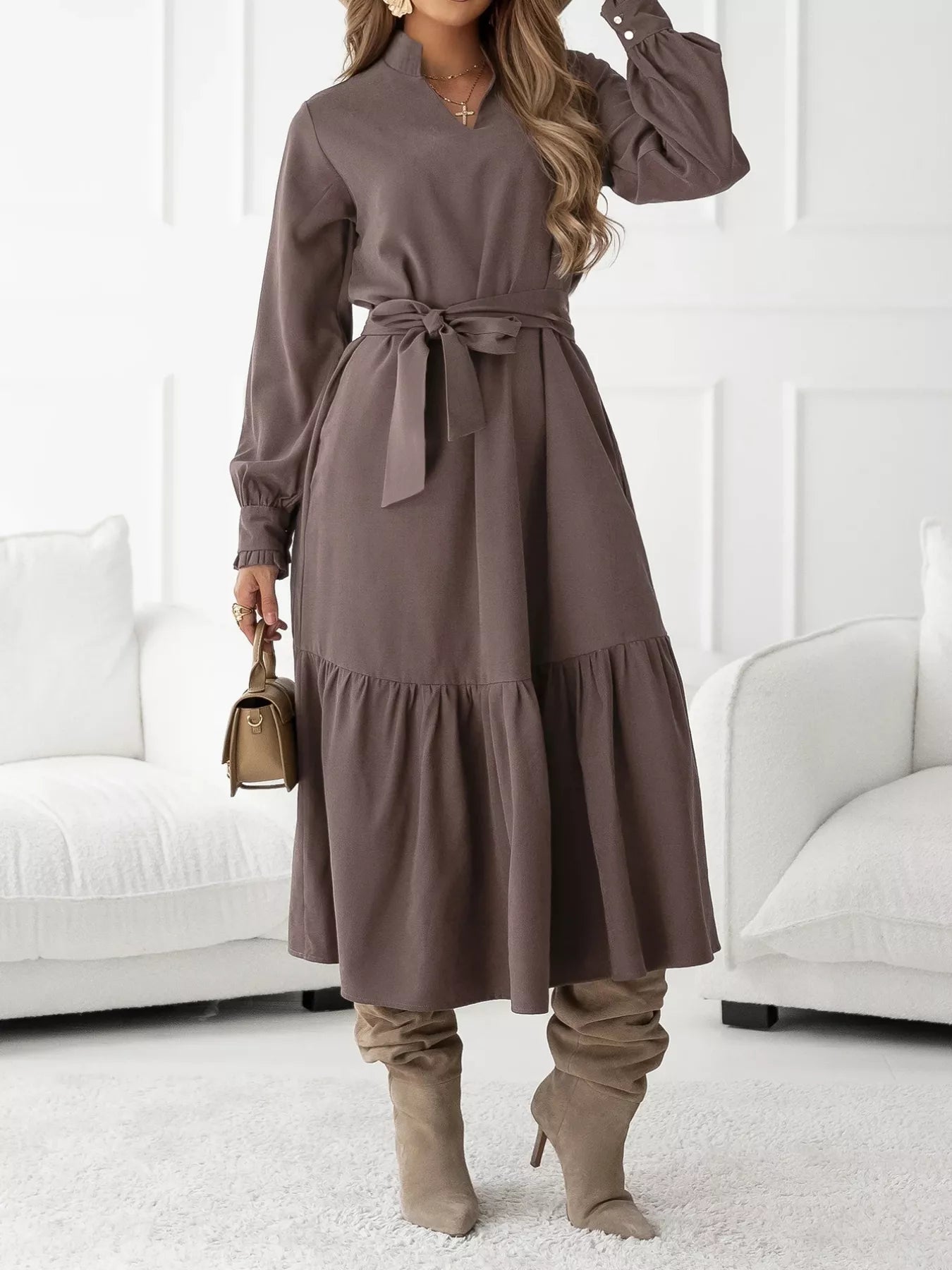 Long Sleeve Tie Waist Ruffle Hem Midi Dress - MAD RUFFI