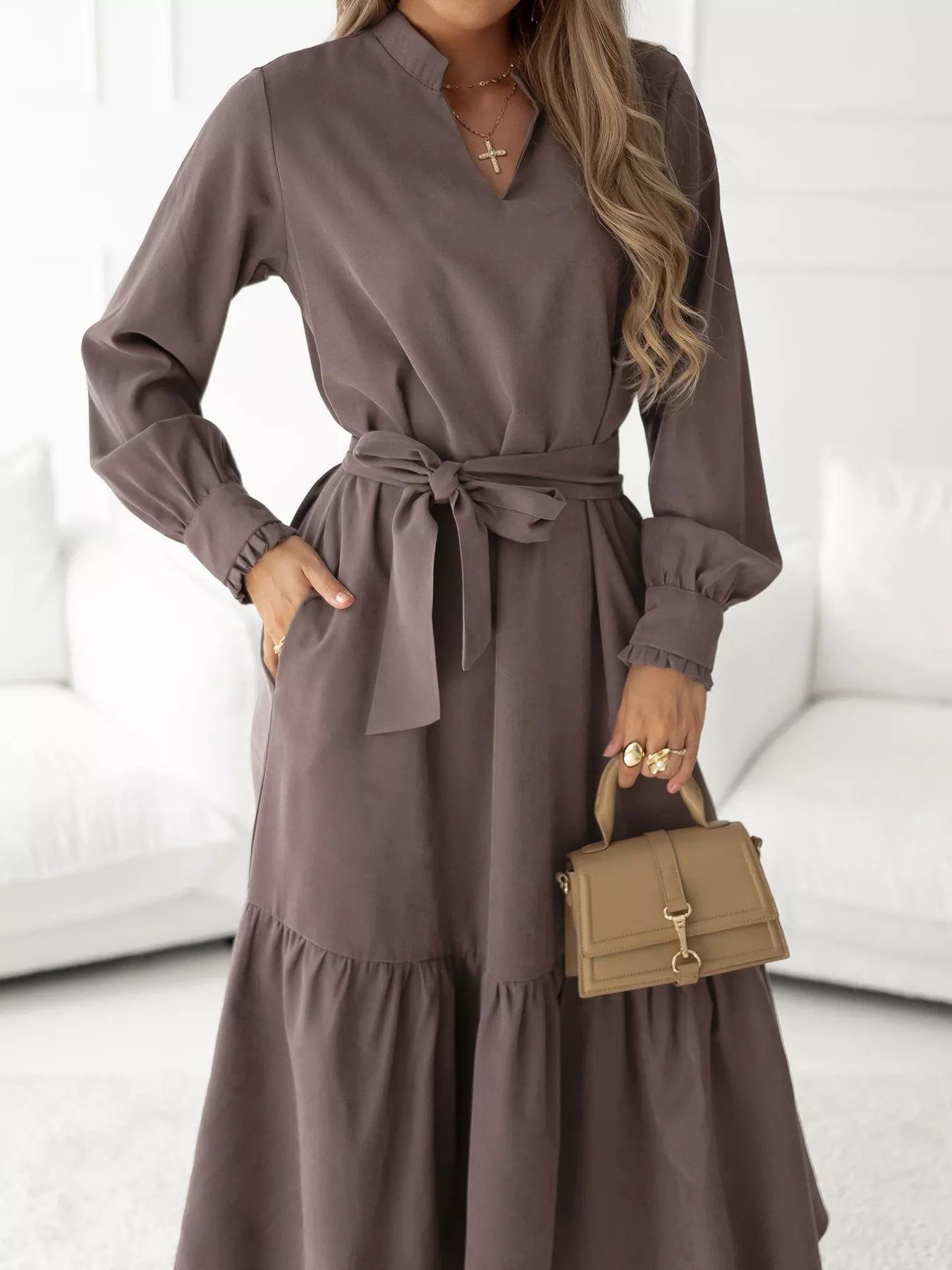 Long Sleeve Tie Waist Ruffle Hem Midi Dress - MAD RUFFI