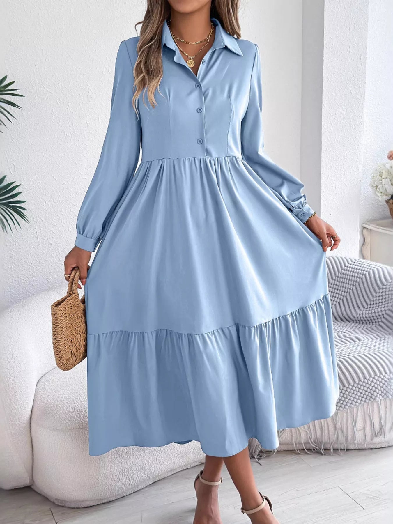 Long Sleeve Tiered Button Front Midi Dress - MAD RUFFI