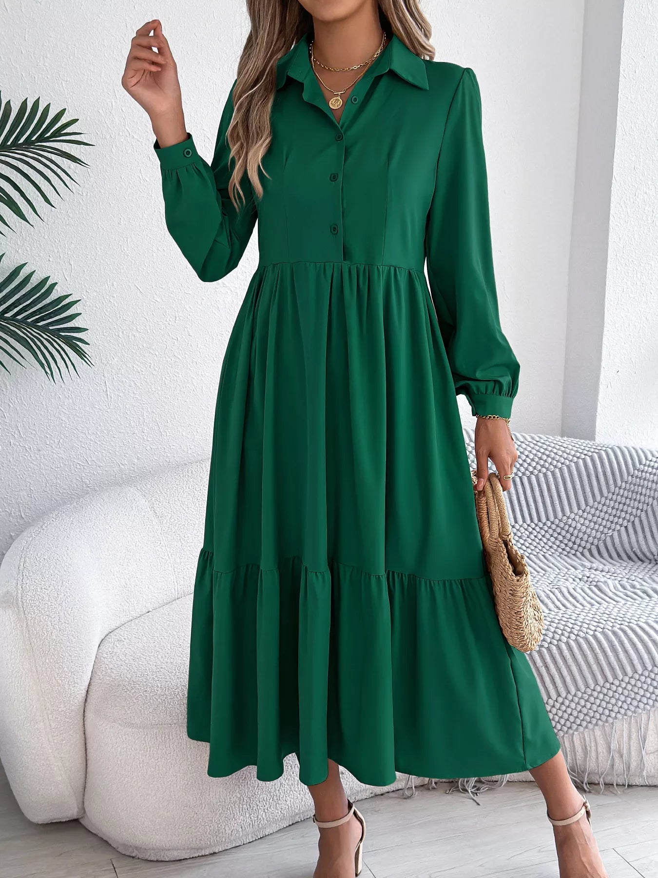 Long Sleeve Tiered Button Front Midi Dress - MAD RUFFI