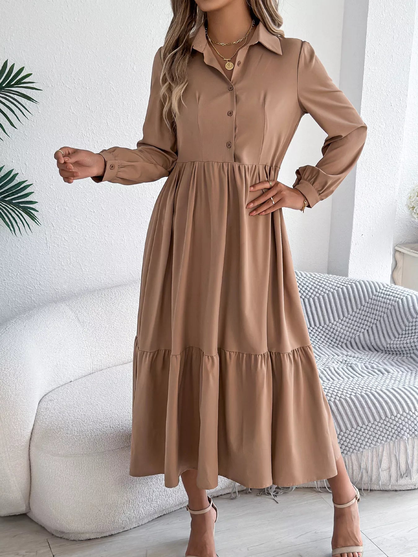 Long Sleeve Tiered Button Front Midi Dress - MAD RUFFI