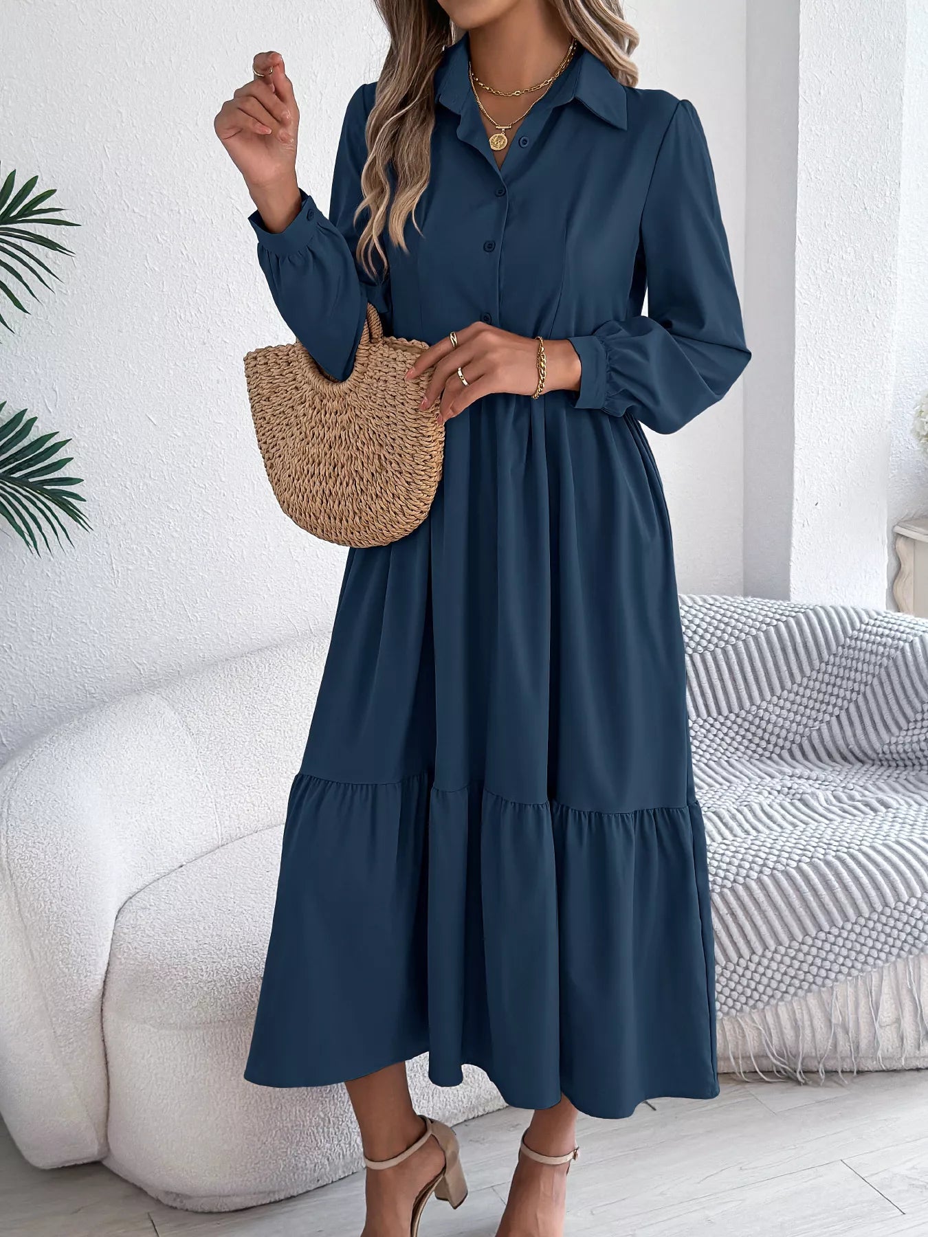 Long Sleeve Tiered Button Front Midi Dress - MAD RUFFI