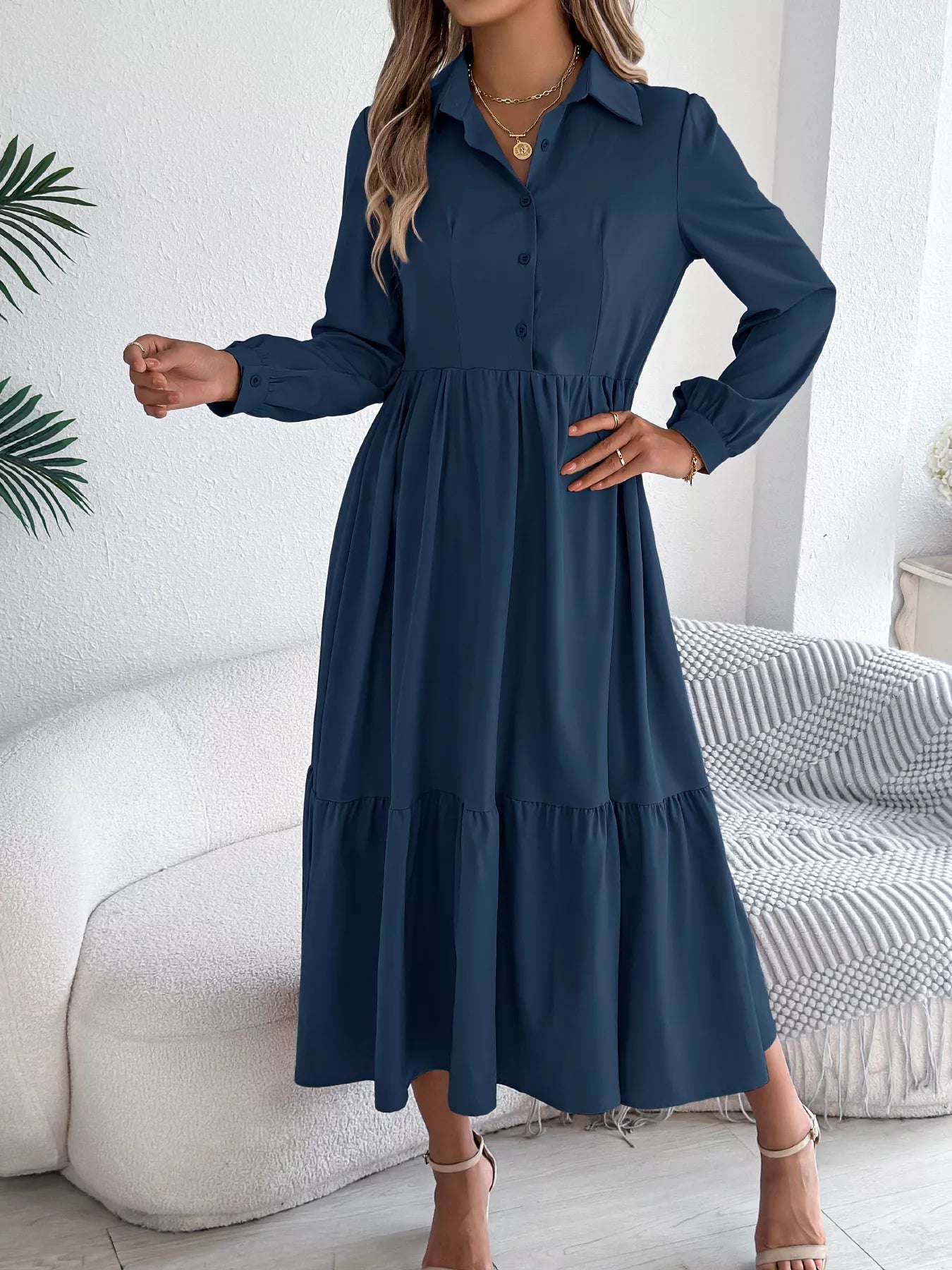 Long Sleeve Tiered Button Front Midi Dress - MAD RUFFI