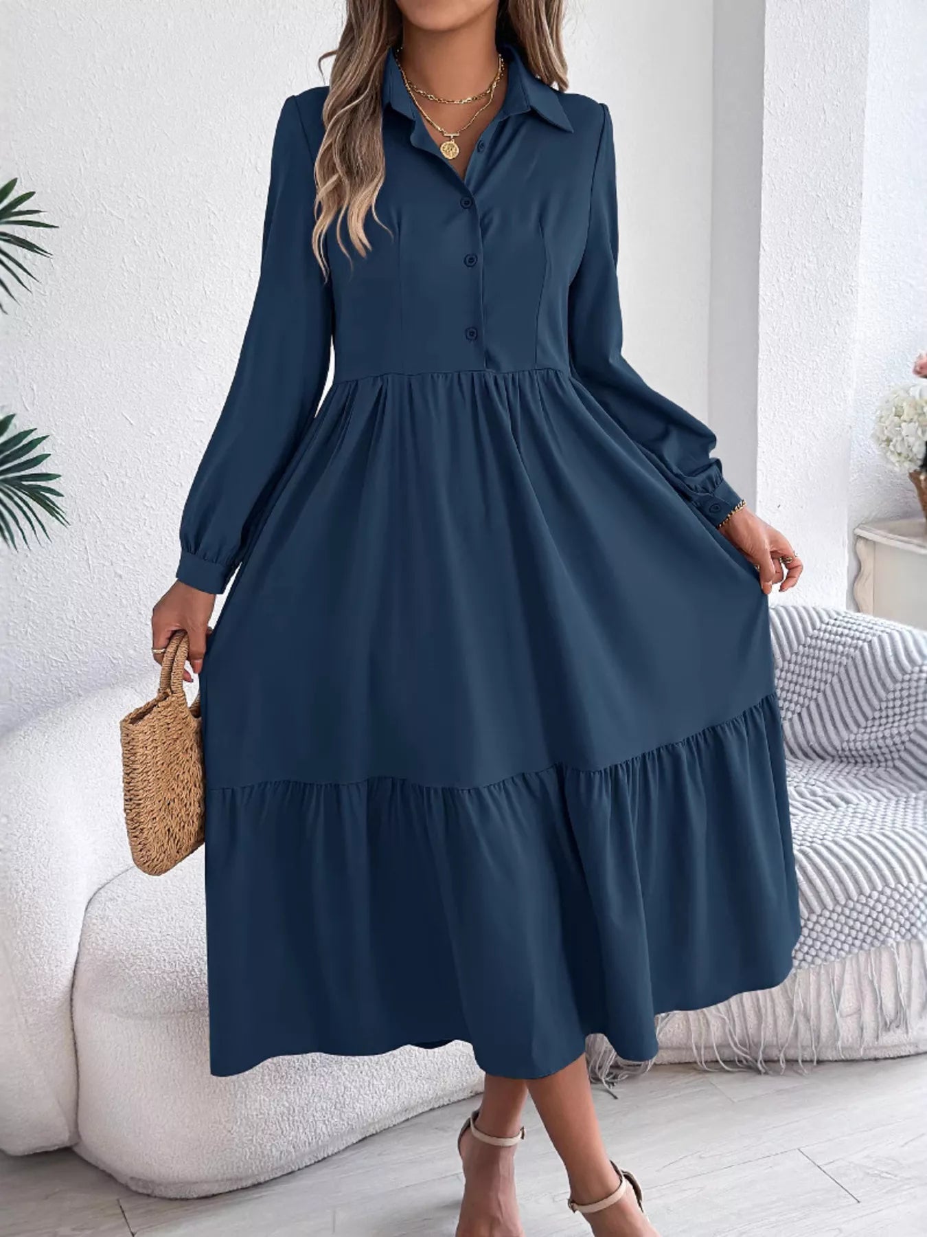 Long Sleeve Tiered Button Front Midi Dress - MAD RUFFI