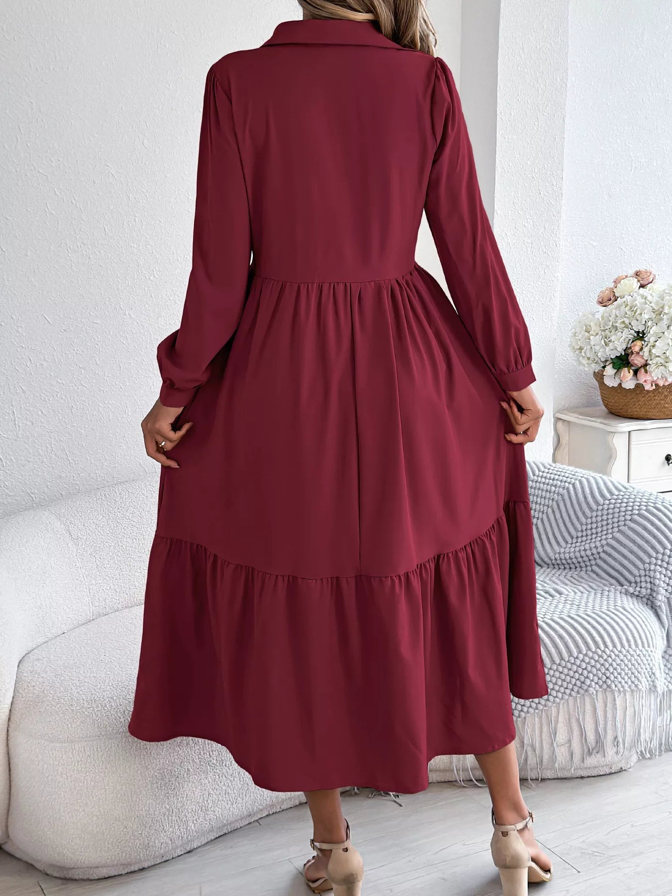 Long Sleeve Tiered Button Front Midi Dress - MAD RUFFI