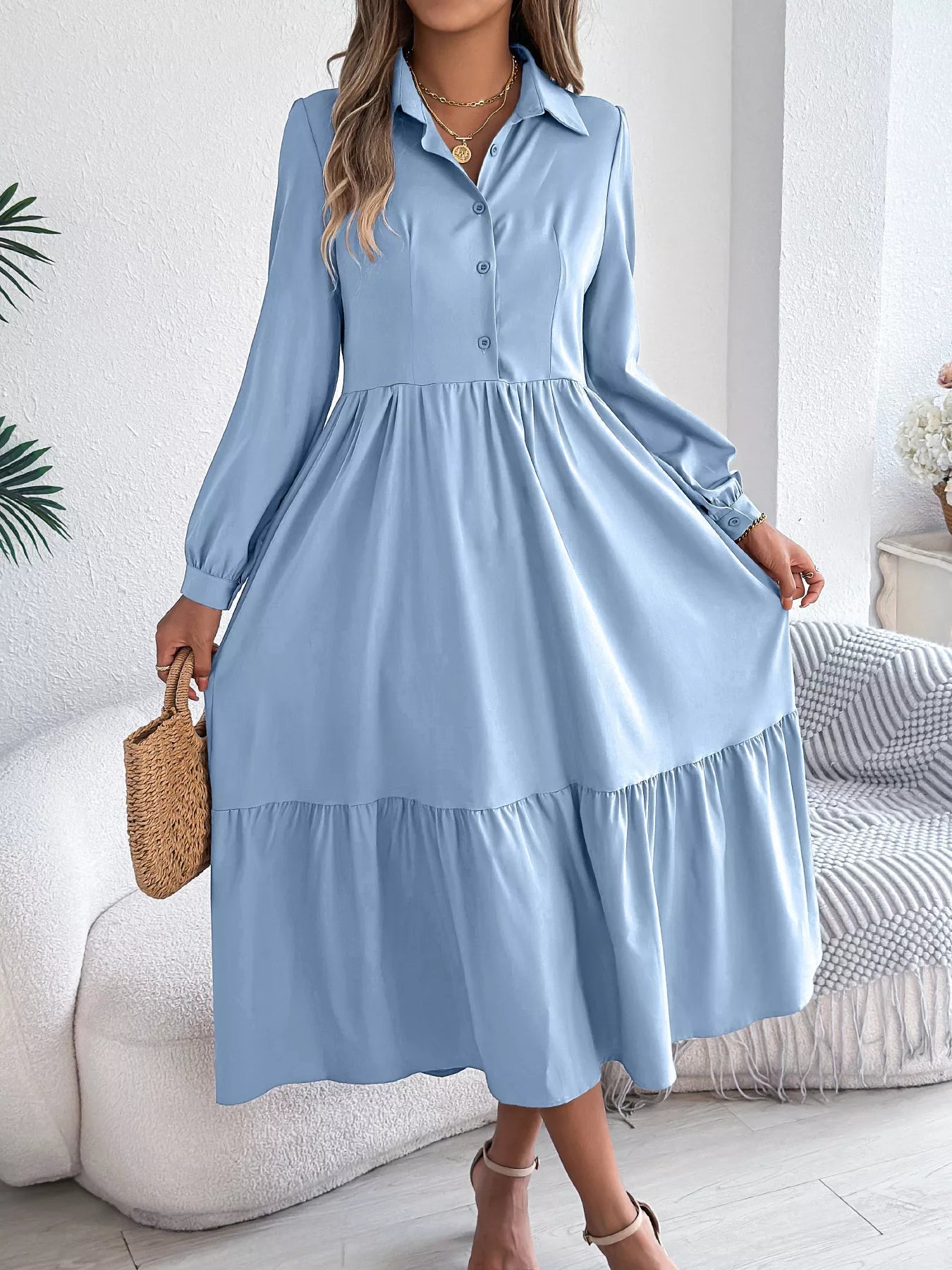 Long Sleeve Tiered Button Front Midi Dress - MAD RUFFI
