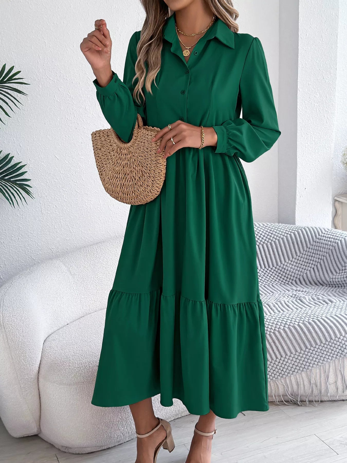 Long Sleeve Tiered Button Front Midi Dress - MAD RUFFI