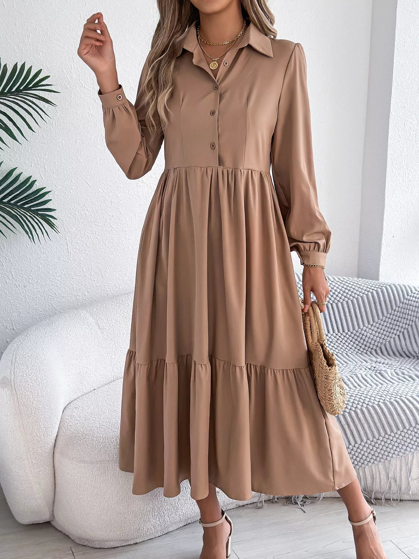 Long Sleeve Tiered Button Front Midi Dress - MAD RUFFI
