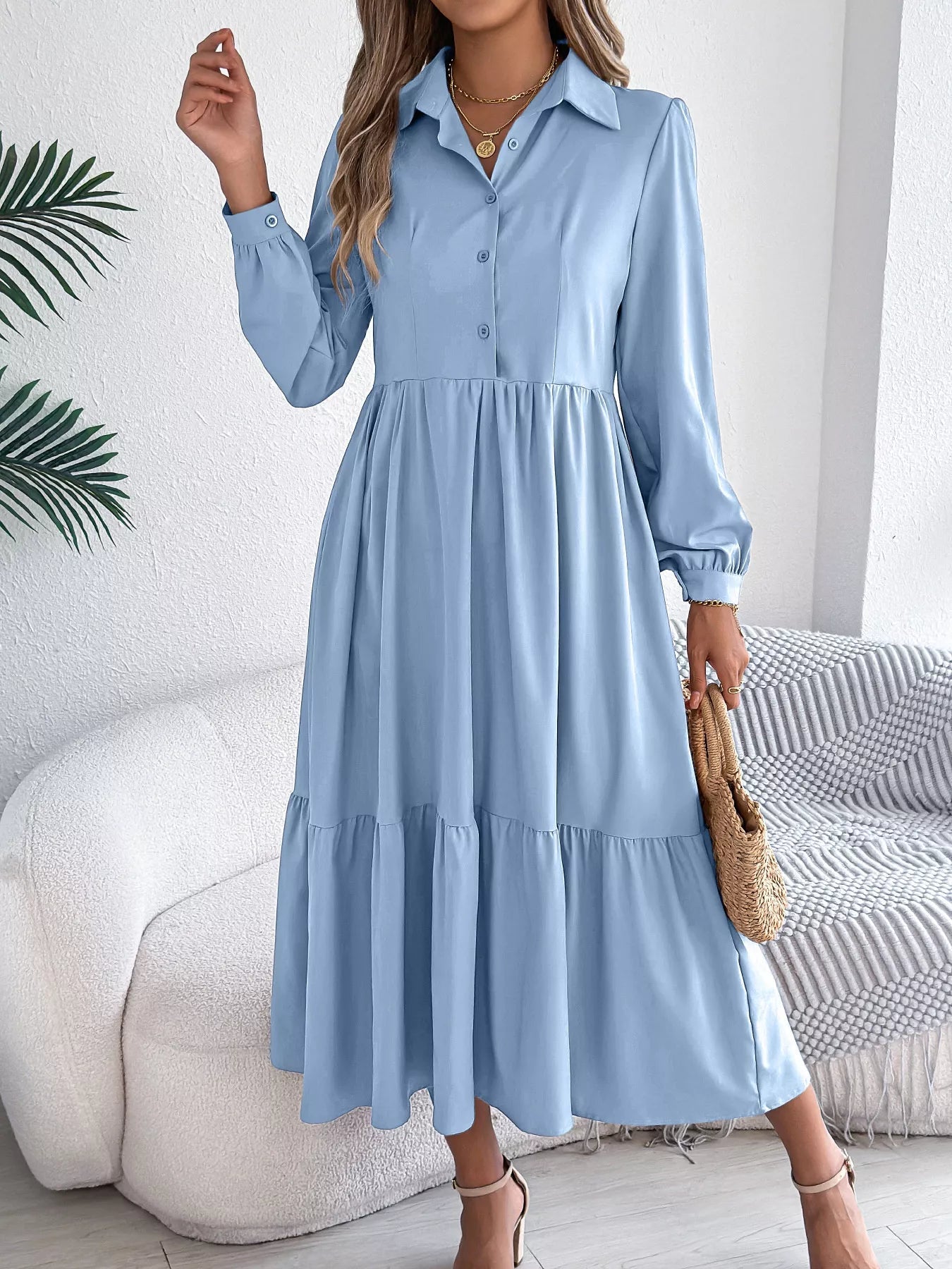 Long Sleeve Tiered Button Front Midi Dress - MAD RUFFI