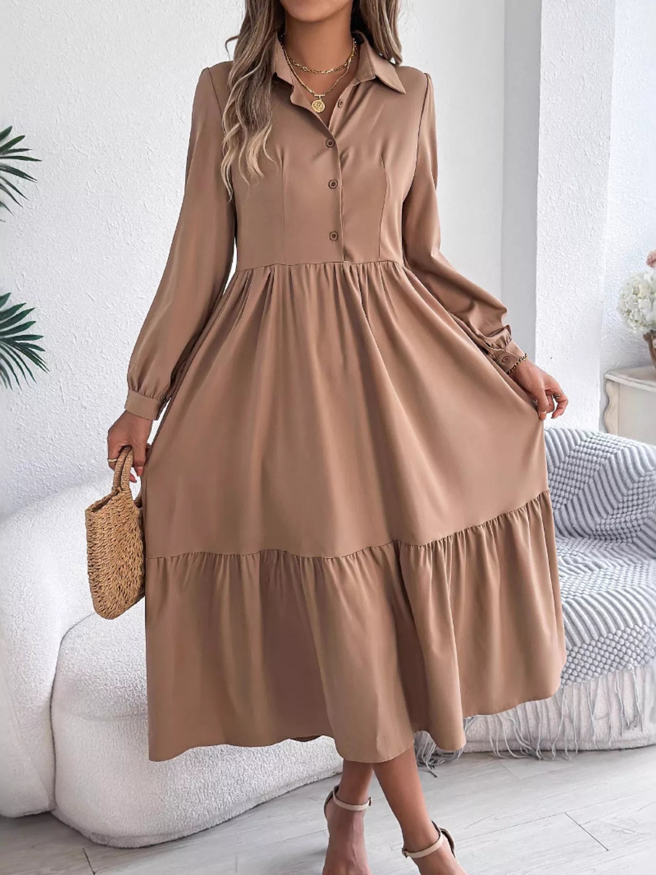Long Sleeve Tiered Button Front Midi Dress - MAD RUFFI